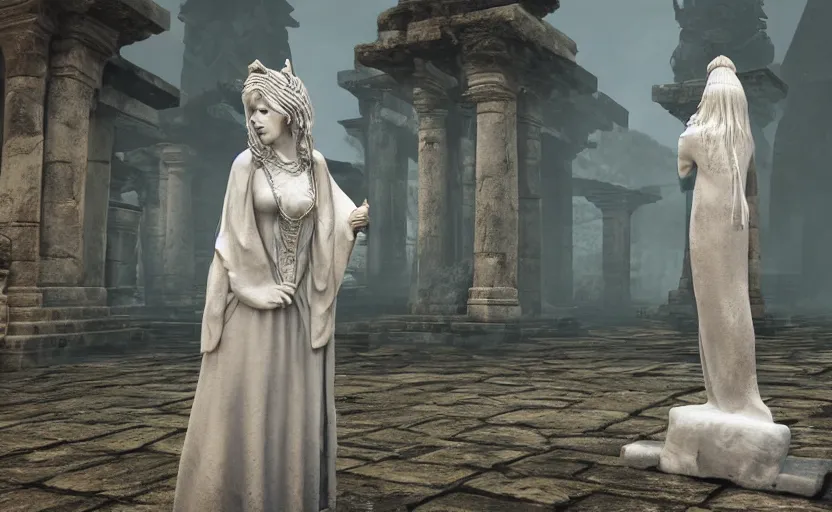 Image similar to A white priestess is conjuring a spell inside the ancient and mythical temple. Bronze statue, unreal engine