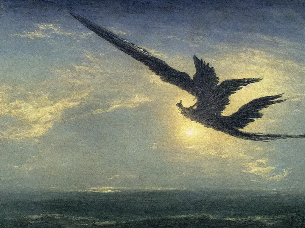 Image similar to dominion angel in the sky flying on the sea painted by caspar david friedrich