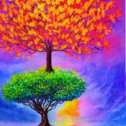 Image similar to magical realism fantasy tree landscape with colorful tree of life detailed painting