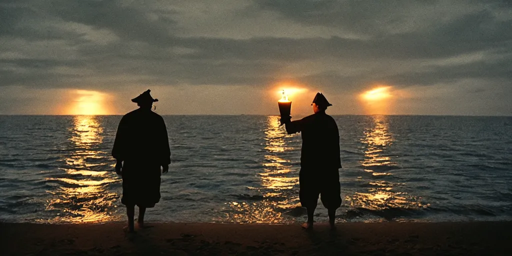 Image similar to film still of closeup old man holding up lantern by his beach hut at night. pirate ship in the ocean by emmanuel lubezki