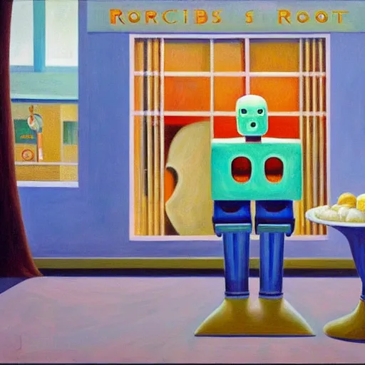 Prompt: robots made of ice cream, grant wood, pj crook, edward hopper, oil on canvas