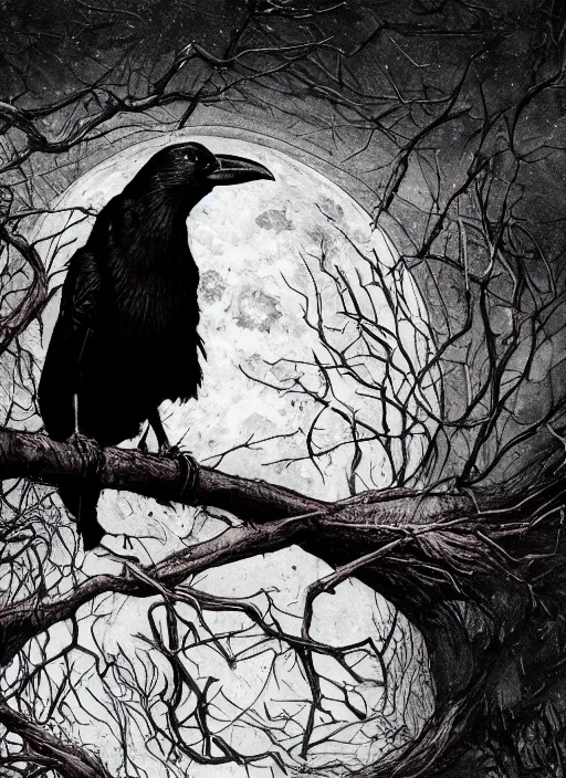 Image similar to portrait, A crow in front of the full big moon, book cover, red white and black colors, establishing shot, extremly high detail, foto realistic, cinematic lighting, pen and ink, intricate line drawings, by Yoshitaka Amano, Ruan Jia, Kentaro Miura, Artgerm, post processed, concept art, artstation, matte painting, style by eddie mendoza, raphael lacoste, alex ross