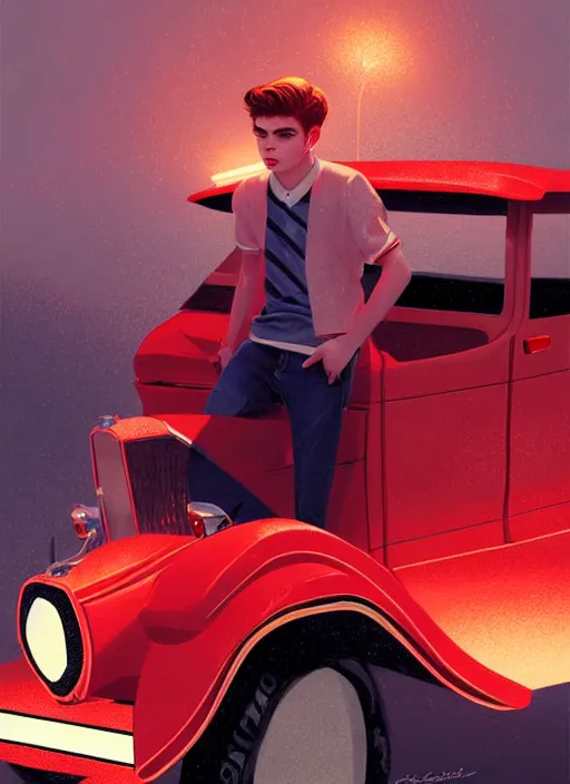 Image similar to teenage archie andrews, in a red ford model t, intricate, elegant, glowing lights, highly detailed, digital painting, artstation, sharp focus, illustration, art by wlop, mars ravelo and greg rutkowski