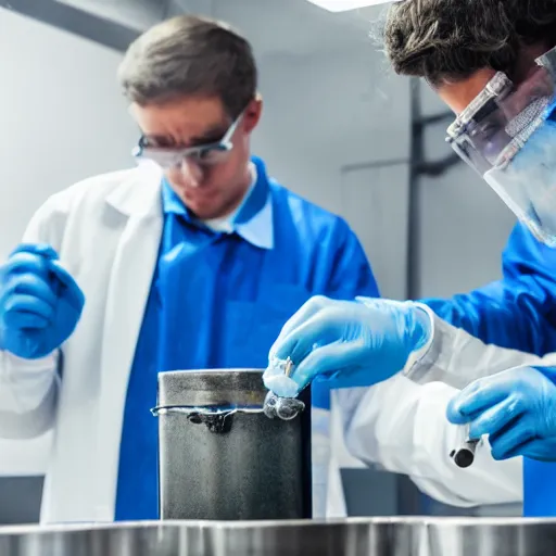 Image similar to two men in blue lab coats, pouring cannabis into metal tubes, cinematic, 4k, high detail