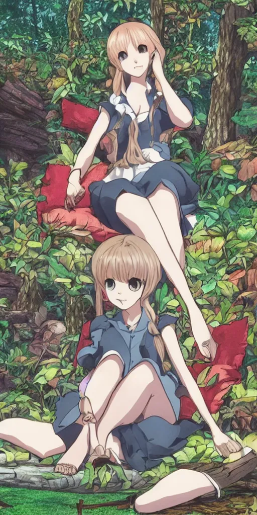 Image similar to a queen of love sitting by herself on a sofa in a forest, drawn by CloverWorks,