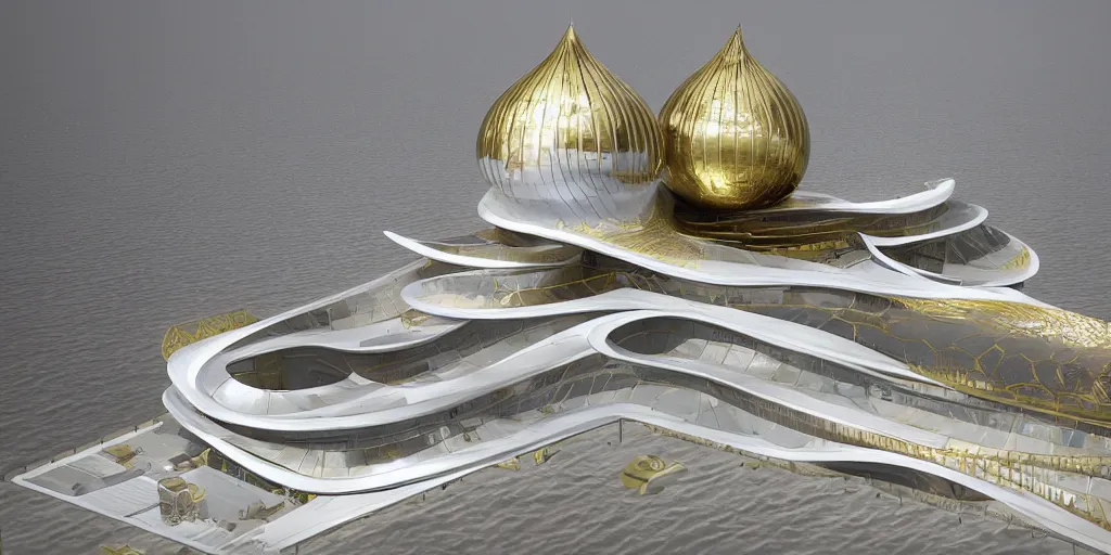 Image similar to mosque floating spaceship by zaha hadid, golds fantasy world