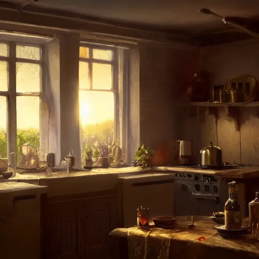 Image similar to a beautiful picture of a kitchen in a english cottage, sunset lights by the window, art by greg rutkowski and alfred edward emslie trending on artstation