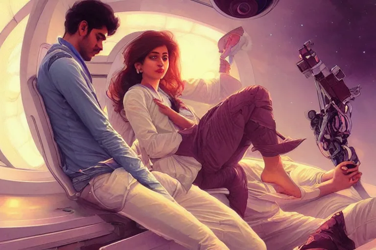 Image similar to Sensual good looking pale young Indian doctors wearing jeans in a space station above Earth, portrait, elegant, intricate, digital painting, artstation, concept art, smooth, sharp focus, illustration, art by artgerm and greg rutkowski and alphonse mucha