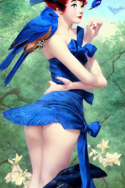 Prompt: anime pinup girl holding an indigo bunting, bird, the bird is wearing a bowtie, by greg rutkowski, rossdraws, gil elvgren, enoch bolles, anime, porcelain skin, very coherent