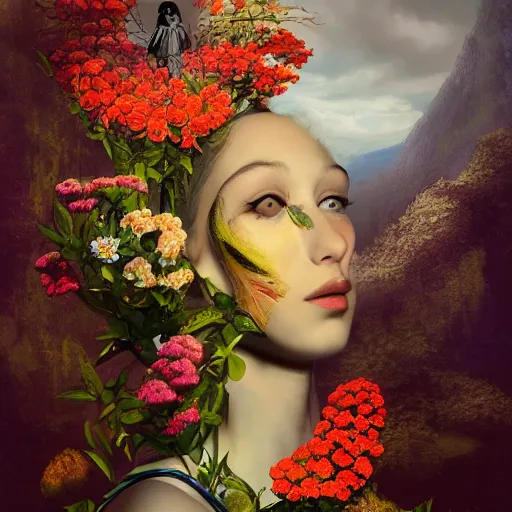 Prompt: The girl with flowers for a head, surreal landscaping in the background, portrait by Salvador Dali, concept art, 4k, trending on ArtStation