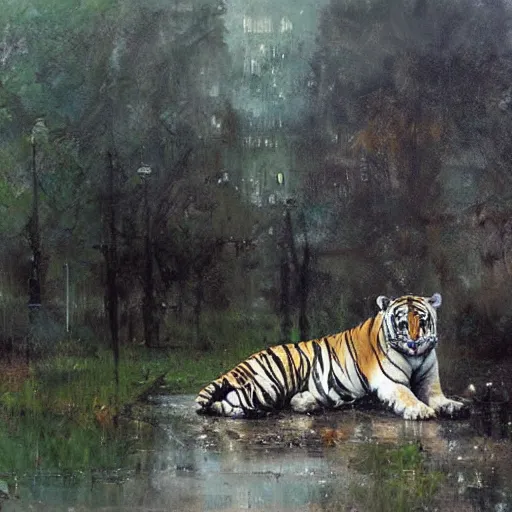 Image similar to tigers in the rain, painting by jeremy mann