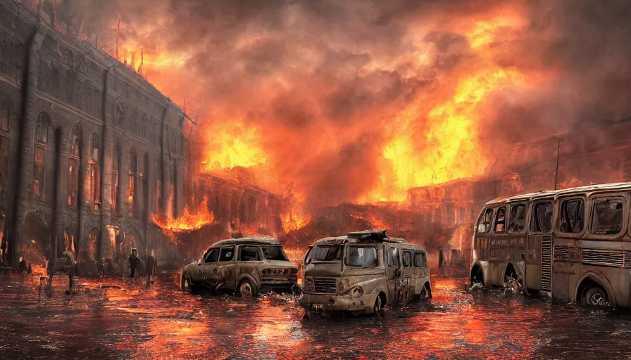 Image similar to A detailed render of a post apocalyptic scene of Fire and explosions on Red Square and the Kremlin, burned down rusty Moscow buses in flood water, sci-fi concept art, nuclear mushroom, lots of fire, panic, dark, clouds, 8k, high detail, advanced rendering whimsically designed art, 4k post-processing highly detailed, Soft illumination