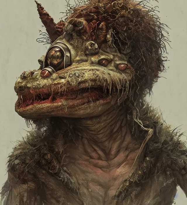 Image similar to hyper realistic portrait of postapocalyptic muppet show monster goblin, cinematic, symmetric, dark crystal, artstation, cgsociety, alan lee, jean baptiste monge, scott radke