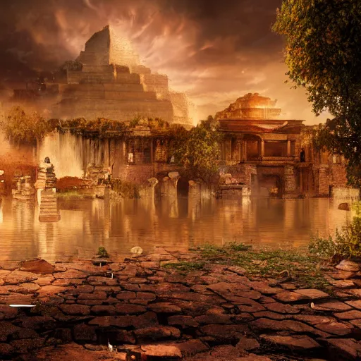Image similar to Ancient city being destroyed by a flood, digital art , highly detailed , high contrast, beautiful lighting, award winning , trending on art station, photorealistic, 8k