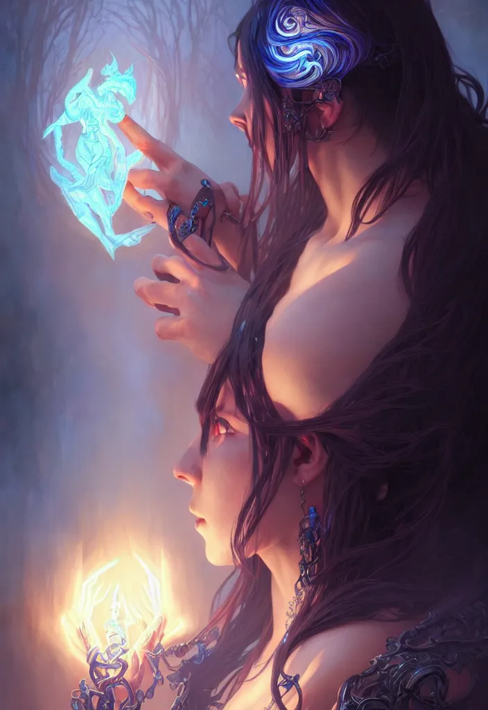 Image similar to Necromancer Sorceress, fantasy magic, undercut blue hairstyle, dark light night, intricate, elegant, sharp focus, illustration, highly detailed, digital painting, concept art, matte, art by WLOP and Artgerm and Greg Rutkowski and Alphonse Mucha, masterpiece