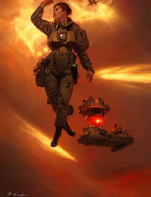 Image similar to a brown - haired woman in a military uniform hovering in the air glowing with red light and crackling energy, by frank fazetta and peter mohrbacher, trending on artstation, digital art, 4 k resolution, detailed, high quality, sharp focus, hq artwork, coherent, insane detail, concept art, character concept, character full body portrait