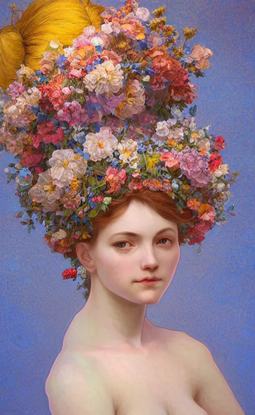 Prompt: a oil painting hyperrealism of a beautiful woman on a white background, flowers, painted by mucha, floral headdress, 8 k resolution, octane render, trending on artstation, volumetric light 2 blue fractal thunder glow by dan mumford, anaglyph effect, laurie lipton