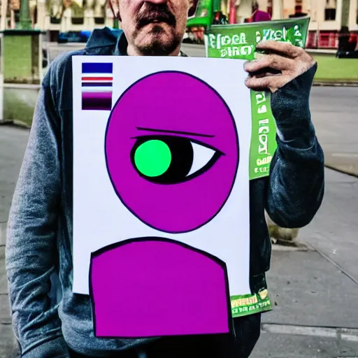 Image similar to a one eyed green and purple alien holding up a political poster about aliens in front of his body, its expression is indifferent, the edges have a stylistic blur, photorealistic, high - res, incredibly detail, vortex