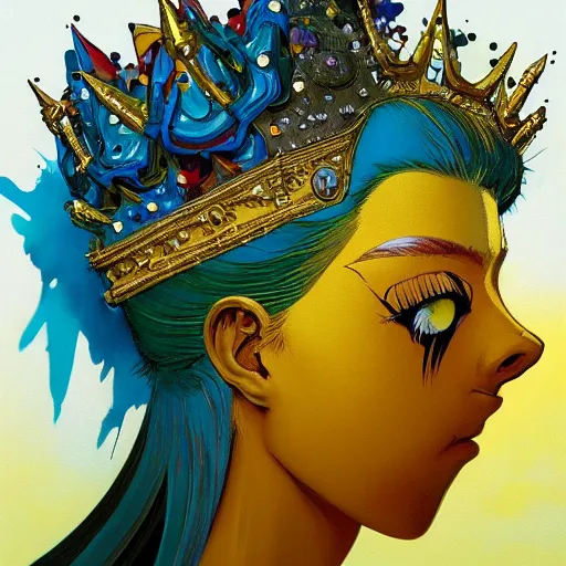 Image similar to prompt : colorful bird, golden crown, soft light painted by james jean and katsuhiro otomo and erik jones, inspired by akira anime, smooth face feature, intricate oil painting, high detail illustration, sharp high detail, manga and anime 1 9 9 9