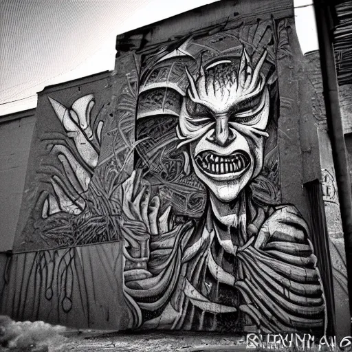 Prompt: some weird trippy freaky alien stuff happening in a back alley somewhere around dusk in the style of H. R. Giger