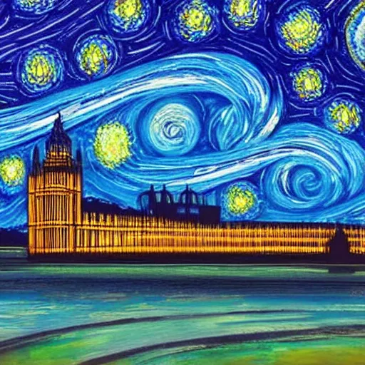 Prompt: A beautiful full screen print of a painting of the houses of parliament in style of starry night