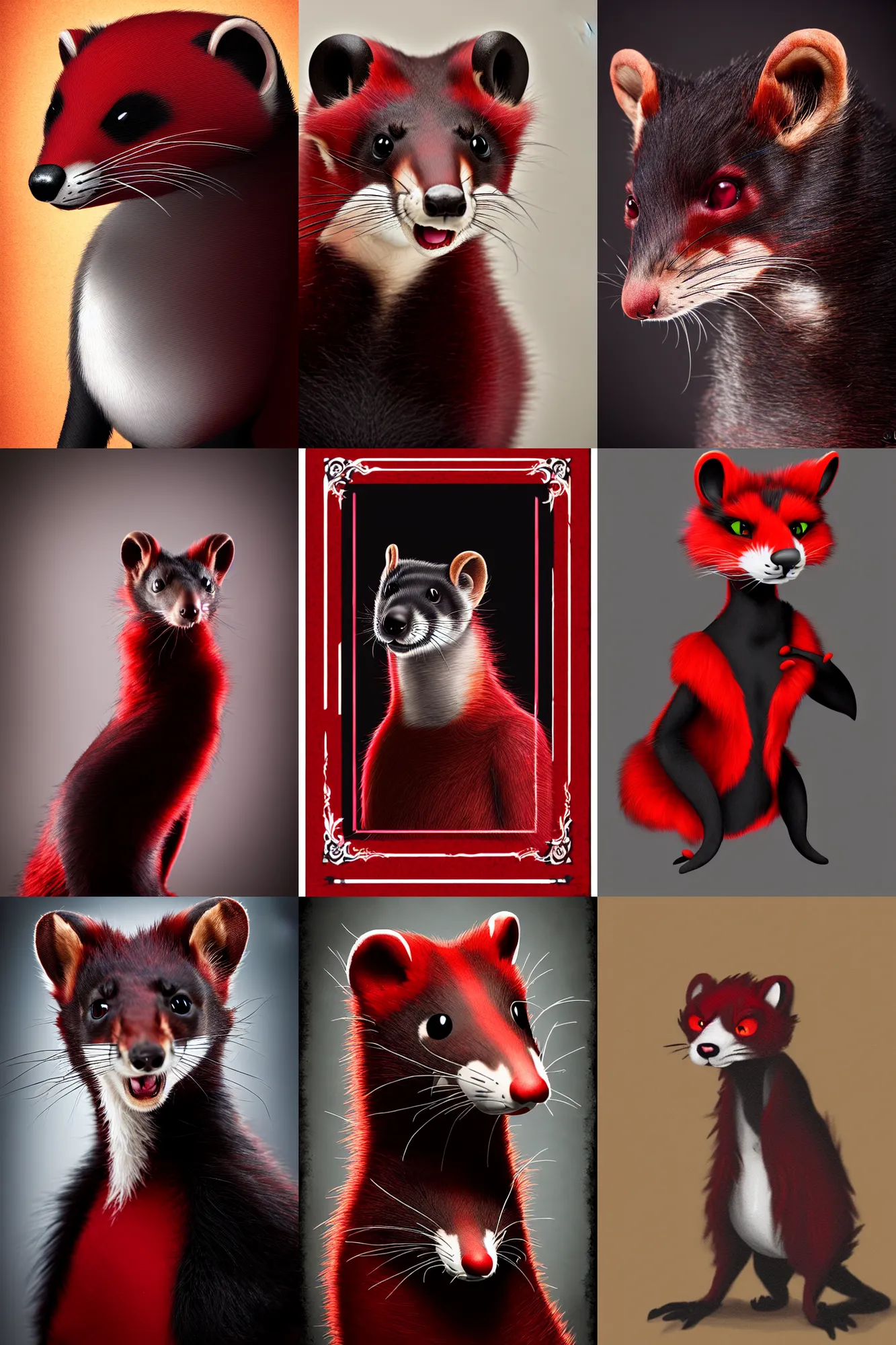 Prompt: photo studio portrait of a roguish red - black weasel fursona