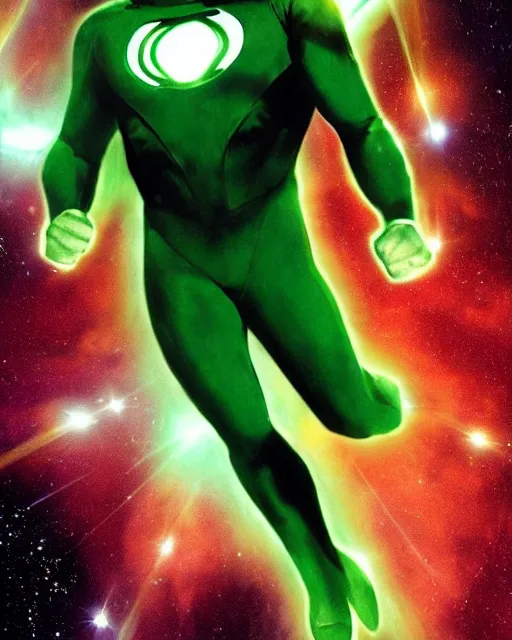 Prompt: photos of actor Christopher Reeve as a Green Lantern soaring thru outer space, photogenic, spit-curl in hair, particle effects, photography, studio lighting, cinematic, photorealistic, trending artstation
