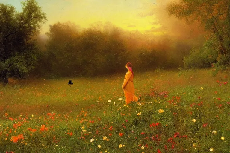 Prompt: highly detailed oil painting of a female bird watcher in a meadow with flowers and birds, colorful, very realistic, albert bierstadt, dramatic light,