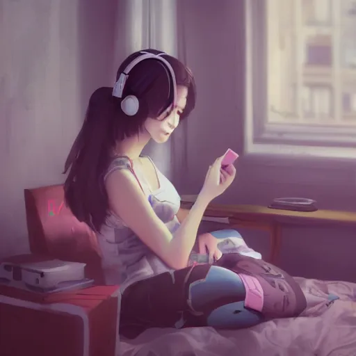 Image similar to lofi hiphop girl sitting in her room with headphones on by Wenqing Yan, WLOP, Zumidraws, OlchaS Logan cure liang Xing