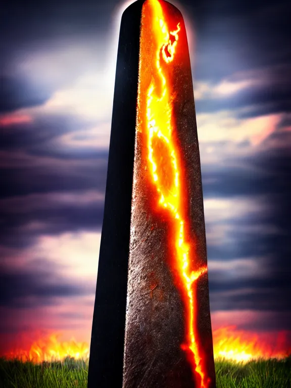Prompt: savage electric flames engulfing an obsidian obelisk, beautiful, mythical, mystical, highly detailed, hyperrealistic, energy, low light, high contrast, lifelike, bright sky