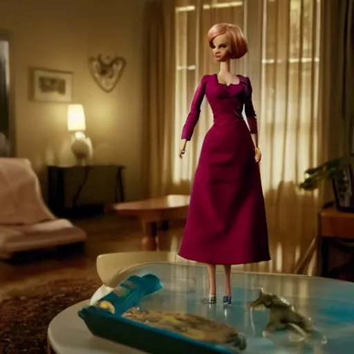 Prompt: amazing beautiful Christina Hendricks barbie doll in the living room, film still from the movie directed by Denis Villeneuve , wide lens