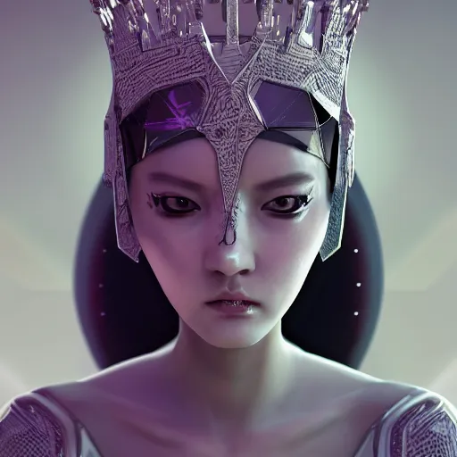 Image similar to portrait of an alien princess, style of Feng Zhu, Artstation geometric, aesthetic, smooth skin, unique features, symmetrical, intricate crown, high fashion, streetwear, cyberpunk, detailed, octane render, cinematic, 8k, opalescent skin,