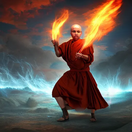 Image similar to ram horned monk brings fire down from the sky, medieval style, highly detailed, digital painting, volumetric light, 8k
