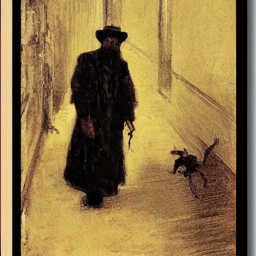 Image similar to A diphenhydramine trip, hat man, spiders, shadows, dark mood, by Ilya Repin
