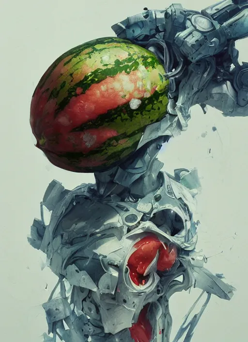 Image similar to semi reallistic gouache gesture painting, by yoshitaka amano, by ruan jia, by conrad roset, by dofus online artists, detailed anime 3 d render of a watermelon living inside a person's chest, portrait, cgsociety, artstation, rococo mechanical, digital reality, sf 5 ink style, dieselpunk atmosphere, gesture drawn