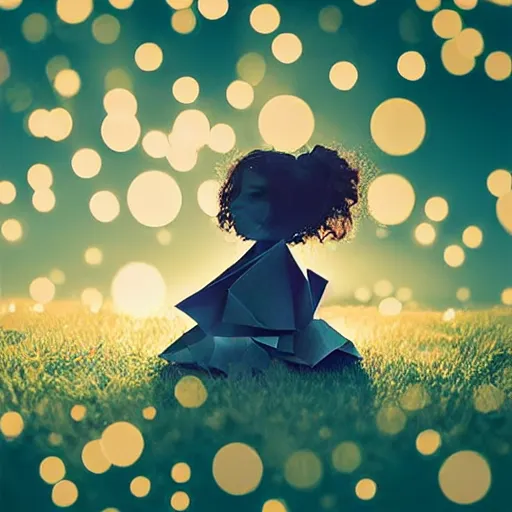 Prompt: A girl made of paper folded origami dramatic lighting, with bokeh effect in a sunny meadow