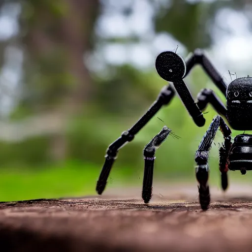 Image similar to small Robot spider wielding a big chainsaw, 40nm lens, wide angle, shallow depth of field, 4k,