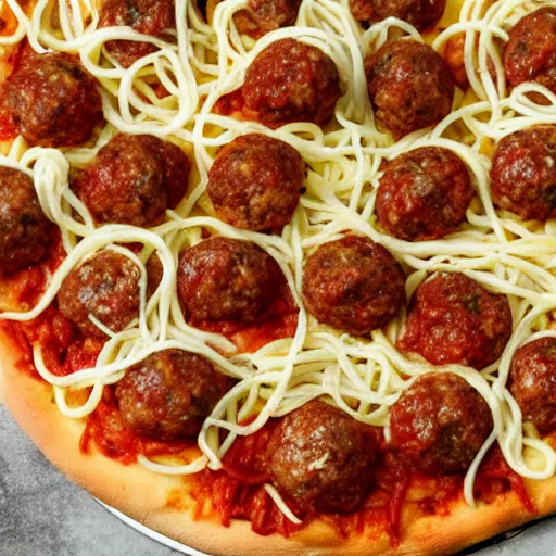 Image similar to a delicious meatball pizza with crust made of semolina spaghetti.