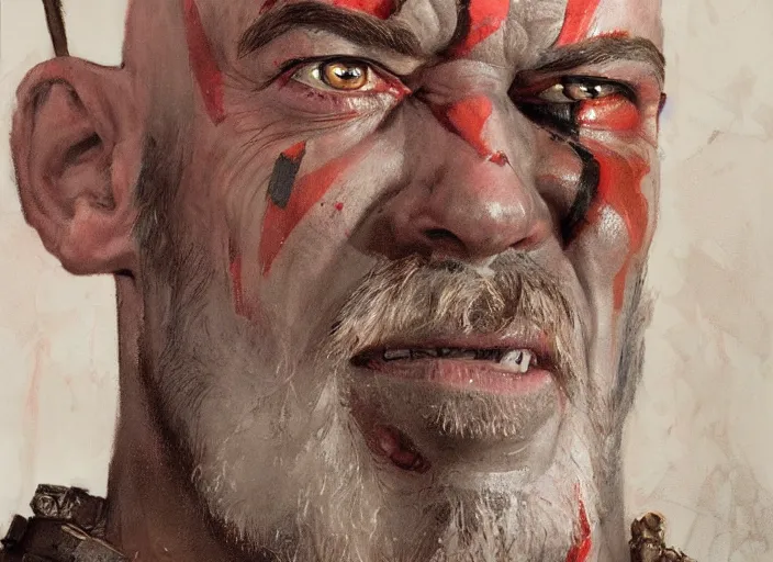 Image similar to a highly detailed beautiful portrait of j. k. simmons as kratos, by gregory manchess, james gurney, james jean