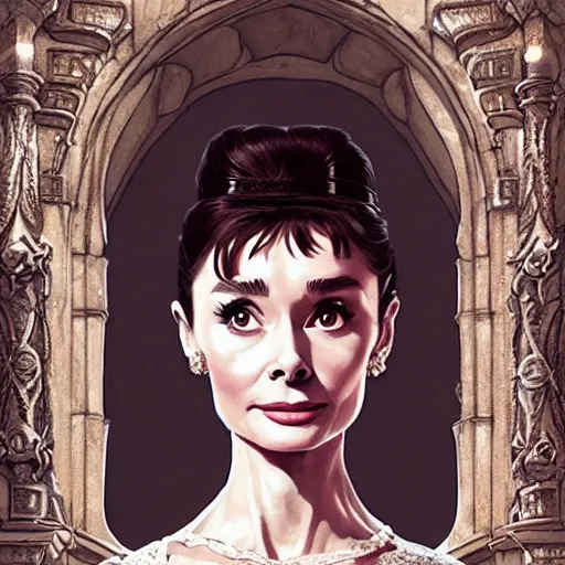 Prompt: audrey hepburn in an epic victorian novel, inside castle, intricate, elegant, highly detailed, digital painting, artstation, matte, illustration, art by artgerm, greg rutkowski, loish, rhads, ferdinand knab, makoto shinkai, lois van baarle, ilya kuvshinov, rossdraws, tom bagshaw