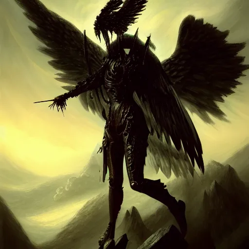 Image similar to painting of a fallen angel paladin with big burnt wings reaching the summit of a haunted mountain, sharp focus, award - winning, trending on artstation, masterpiece, highly detailed, intricate. art by seb mckinnon