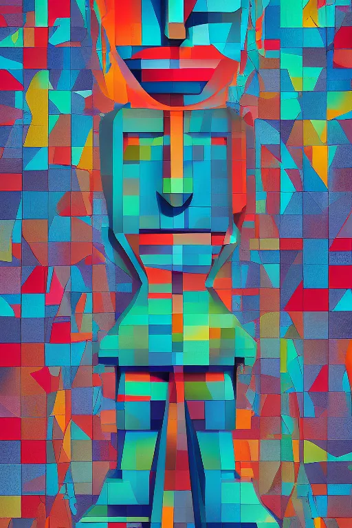 Image similar to cubist moai statue cutout digital illustration cartoon colorful beeple