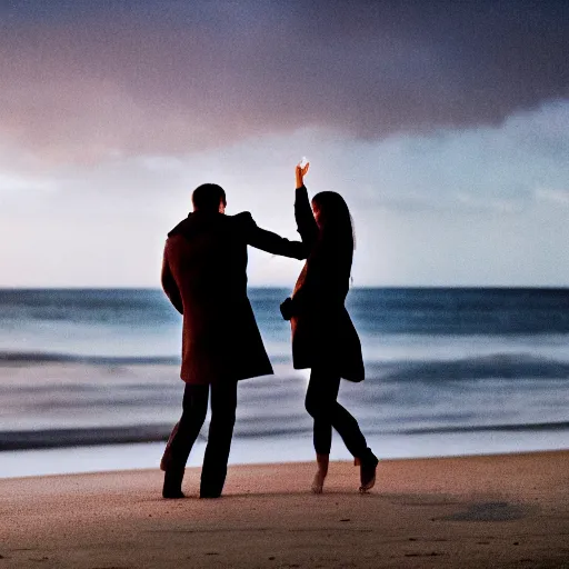 Image similar to weathered color photo of a man and woman both wearing trenchcoats, dancing together on a beach during cloudy weather at night, very dark