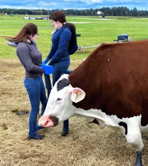 Prompt: realistic photo of genetically enhanced dairy cows with human intelligence and awareness boarding an airliner just like the people do. one says i hate the prod. the other says yeah but it's so effective. first nods in agreement