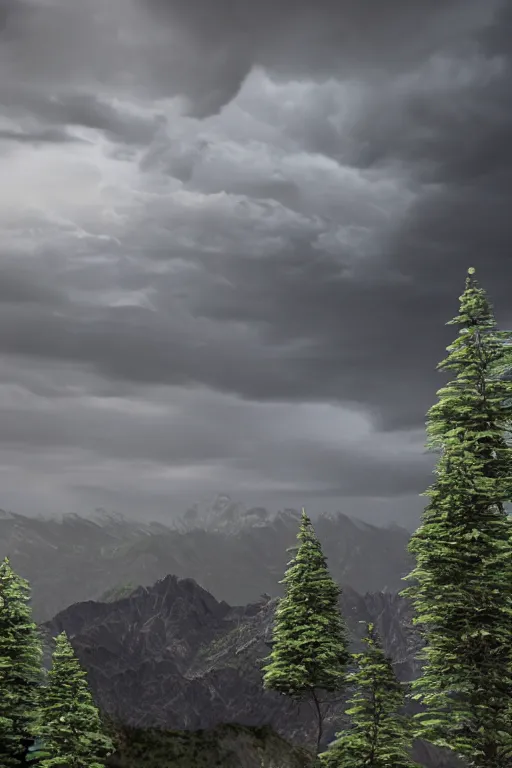 Prompt: 3 d render, realistic nature, dark color palate, mountains, stormy weather, 8 k