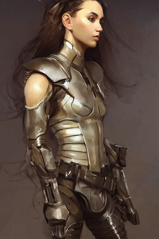 Image similar to a professionally painted portrait of an attractive young woman, clothed in military armor, olive skin, long dark hair, beautiful bone structure, symmetrical facial features, intricate, elegant, digital painting, trending on Artstation, concept art, smooth, sharp focus, illustration, from Metal Gear by Ruan Jia and Mandy Jurgens and Artgerm and William-Adolphe Bouguerea, award winning