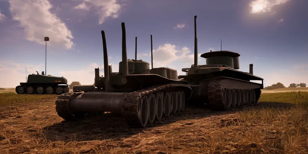 Prompt: tank and tractor standing close to each other, highly detailed, photorealistic portrait, bright studio setting, studio lighting, crisp quality and light reflections, unreal engine 5 quality render