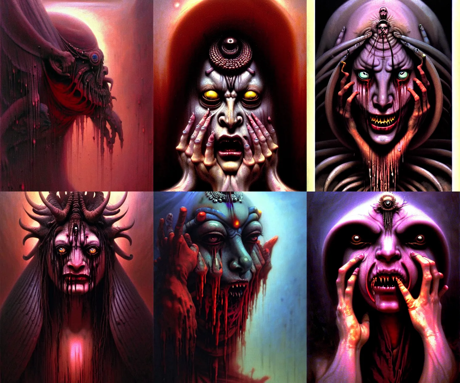 Prompt: A cinematic crying closeup portrait of the Hindu demon goddess of grief despair sorrow and misery, by Wayne Barlowe, by Rembrandt van Rijn, by Paul Lehr, by Bruce Pennington, by Zdzisław Beksiński, by HR Giger, oil on canvas, masterpiece, trending on artstation, featured on pixiv, cinematic composition, astrophotography, dramatic pose, beautiful lighting, sharp, details, details, hyper-detailed, no frames, 8K