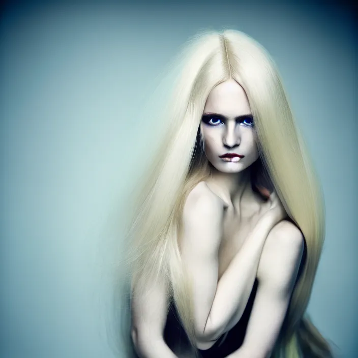 Prompt: a beautiful woman with long blond hair, total body dressed in long white, fine art photography light painting by Paolo Roversi, professional studio lighting, volumetric lighting, dark colors scheme background, hyper realistic kodak photography, in style of vogue fashion magazine