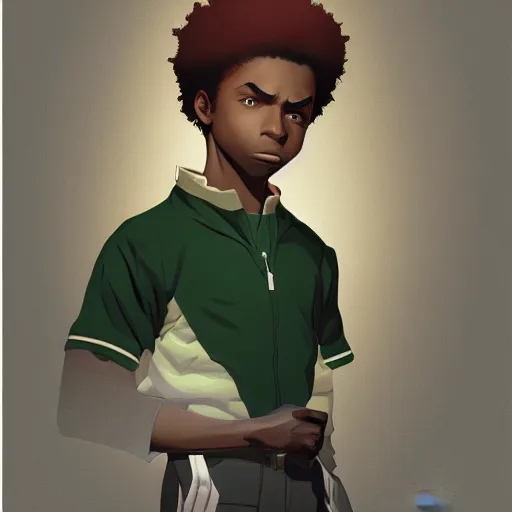 Image similar to Portrait of Huey freeman from the boondocks , Graceful body structure,cute,Symmetrical face,highly detailed,elegant,Marc Simonetti and Caspar David Friedrich, Trending on artstation